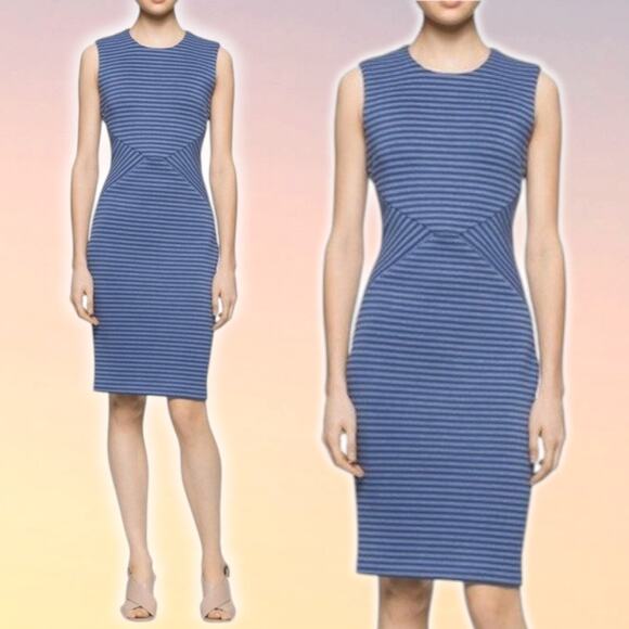 NWT CALVIN KLEIN Blue Striped Scuba Sheath Dress Sz 4 - Picture 1 of 6